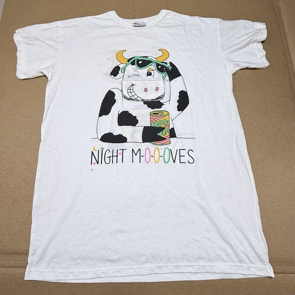 Vintage Night Moooves Cow Graphic Sleep Shirt USA White Lar